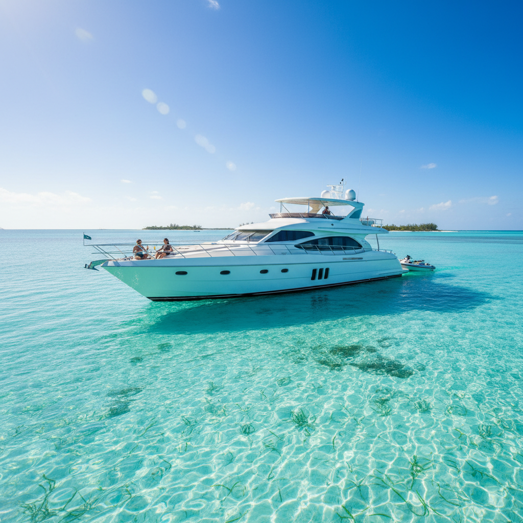 Crystal clear turquoise waters in the Bahamas perfect for jetskiing and snorkeling adventures.
