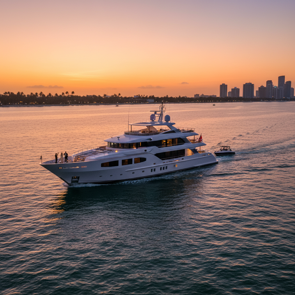 Luxury yacht charter in South Florida with a professional crew and guests enjoying the sun.