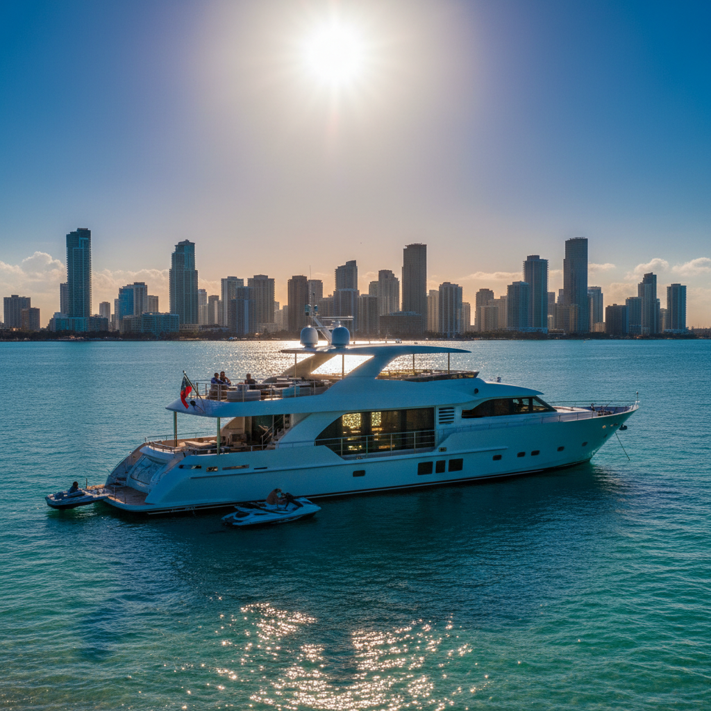 Luxury yacht anchored in Miami waters during a week-long staycation