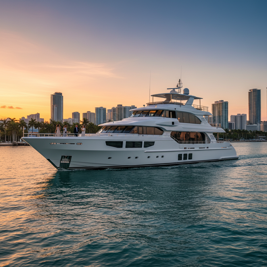 Elegant yacht docked in Miami harbor ready for festive holiday party celebrations.