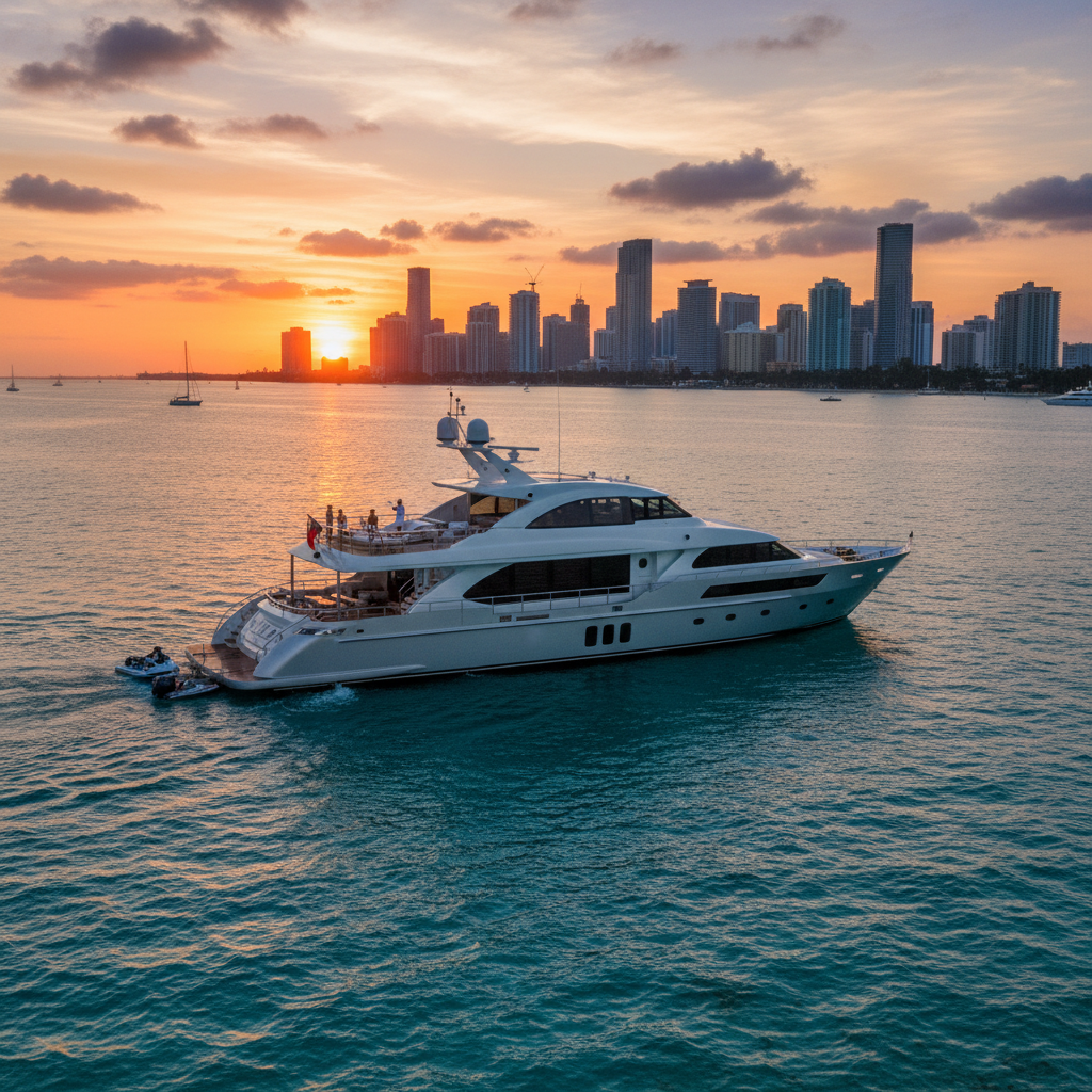 Luxurious 50-foot yacht charter docked in Miami, ready for guests.