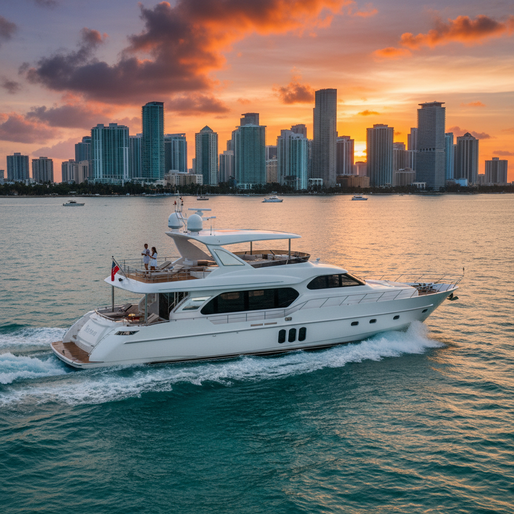 Luxury yacht docked in Miami for a weekend getaway charter with stunning skyline views.