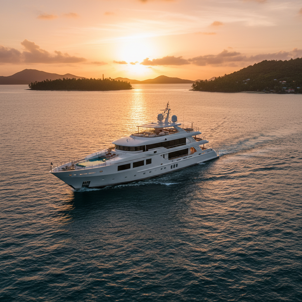 Luxury yacht cruising in clear turquoise waters in the Caribbean during winter