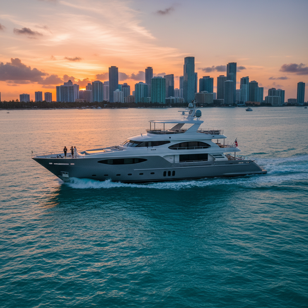 Luxury yacht cruising in Miami waters with iconic skyline in background