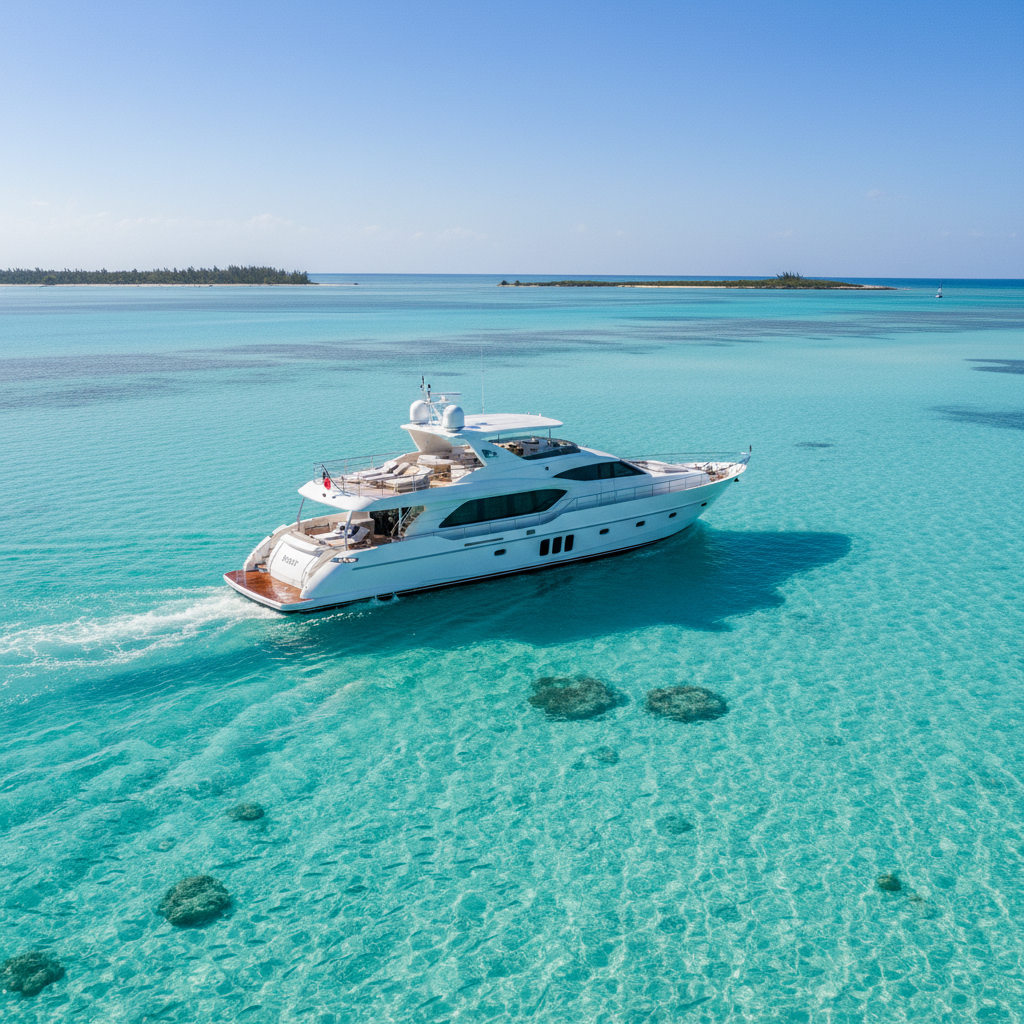 Beautiful turquoise waters surrounding a luxurious yacht anchored near a tropical island in the Bahamas.