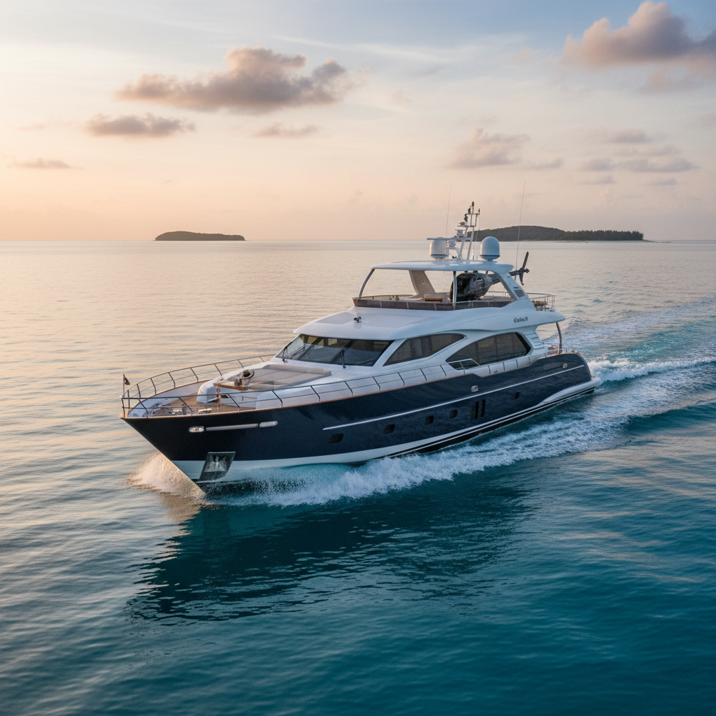Luxury yacht cruising in turquoise waters near Miami's iconic skyline, a popular yachting destination.
