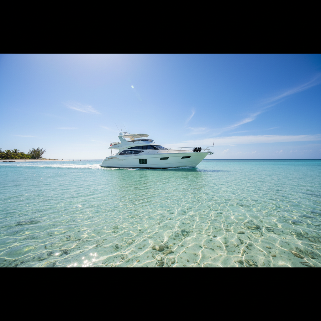 Luxury yacht sailing through clear turquoise waters in the Bahamas on a 3-day charter adventure.