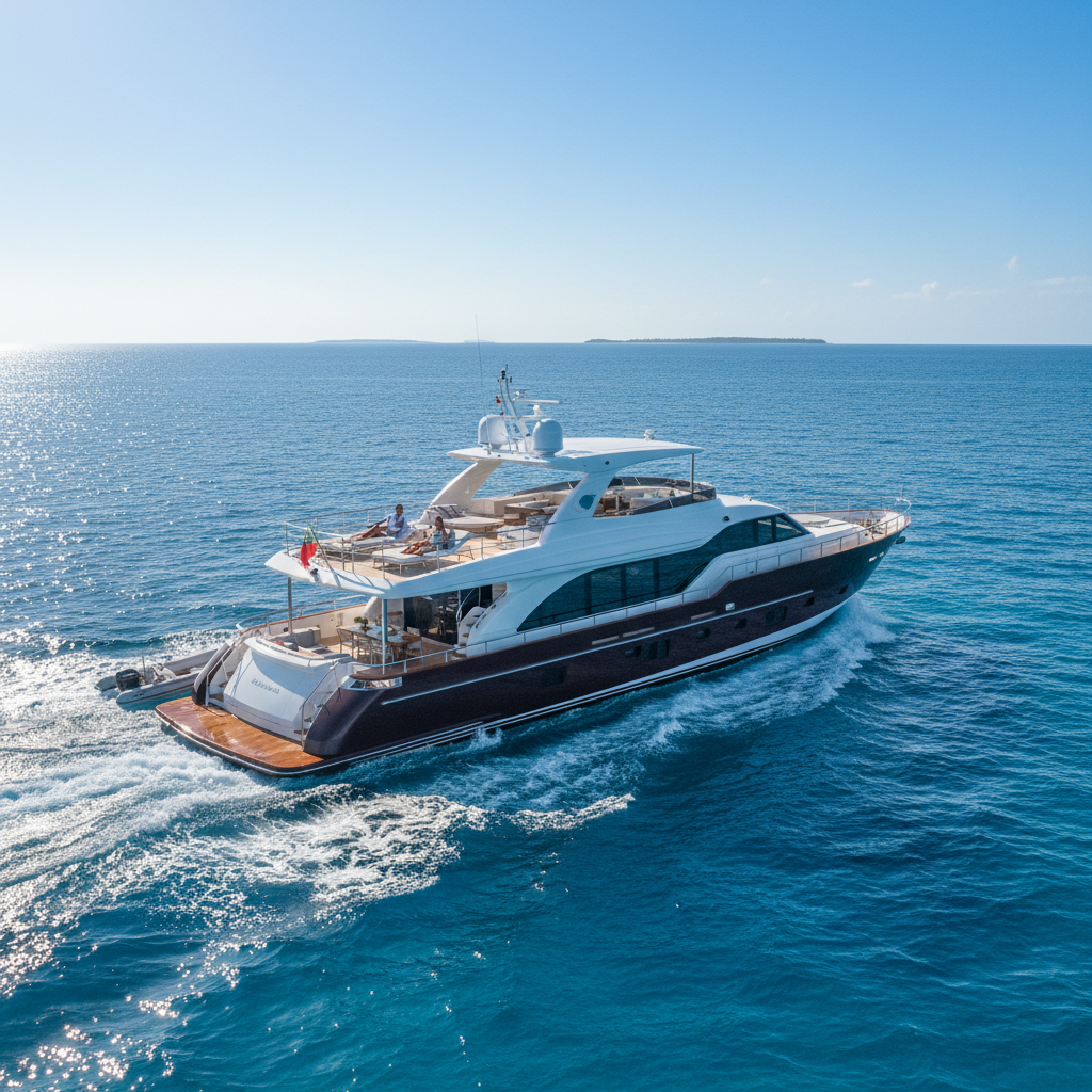 Luxury yacht sailing between Miami, Bahamas, and Caribbean islands on a multi-destination charter.