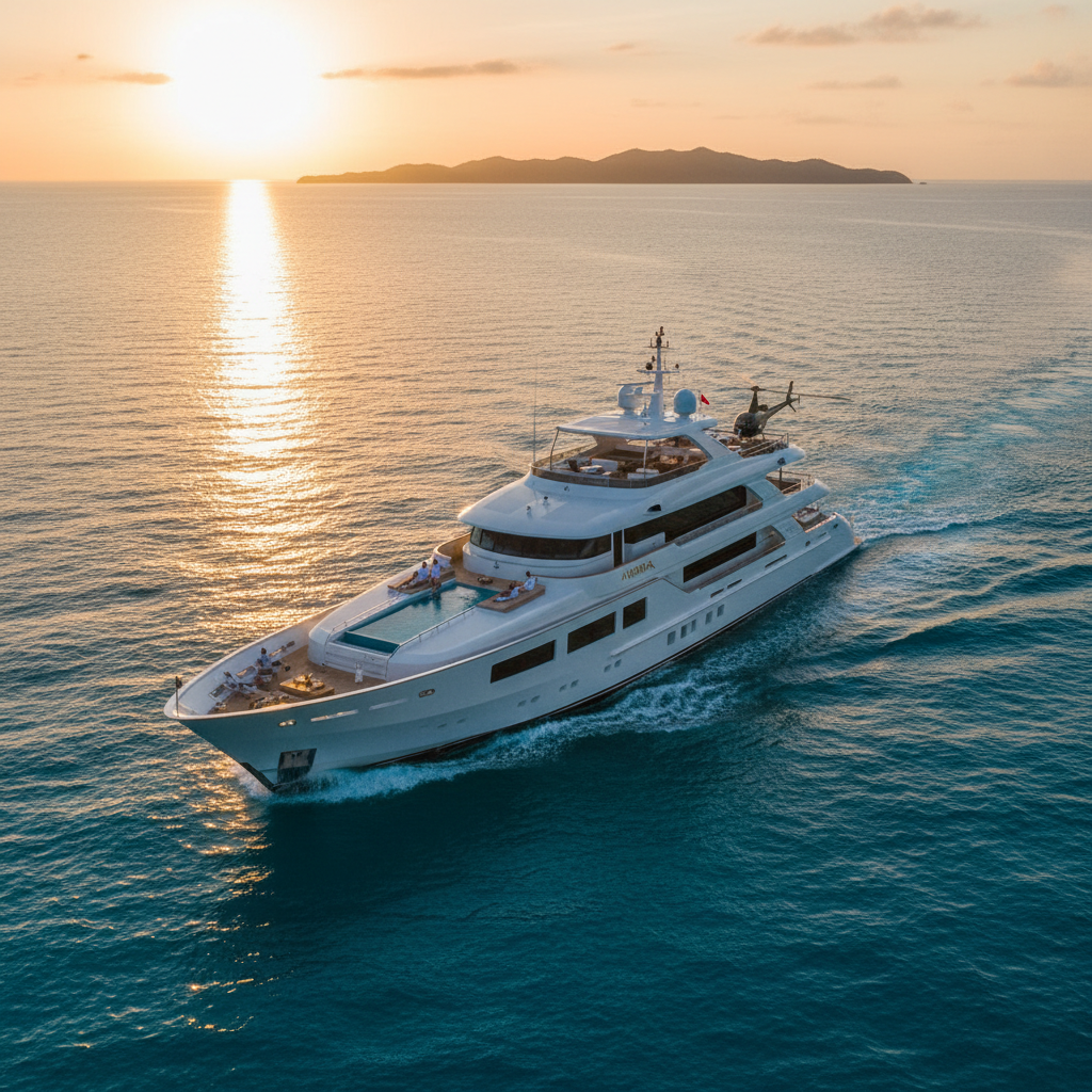 Luxurious yacht with a chef preparing a gourmet meal onboard