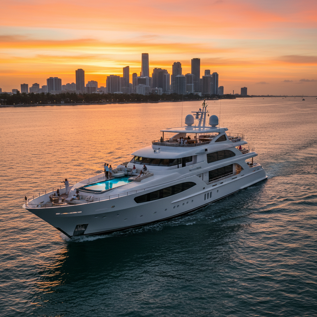Crewed yacht charter for Christmas celebration docked in Miami with holiday lights