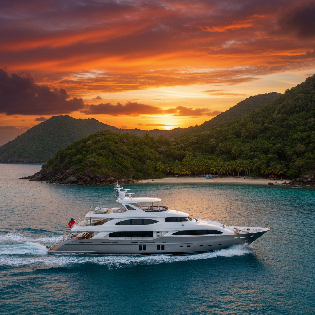 Luxury yacht sailing in the crystal clear waters of the British Virgin Islands