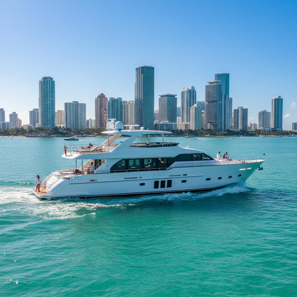 Woman smiling while enjoying a luxury yacht charter in Miami with clear blue water.