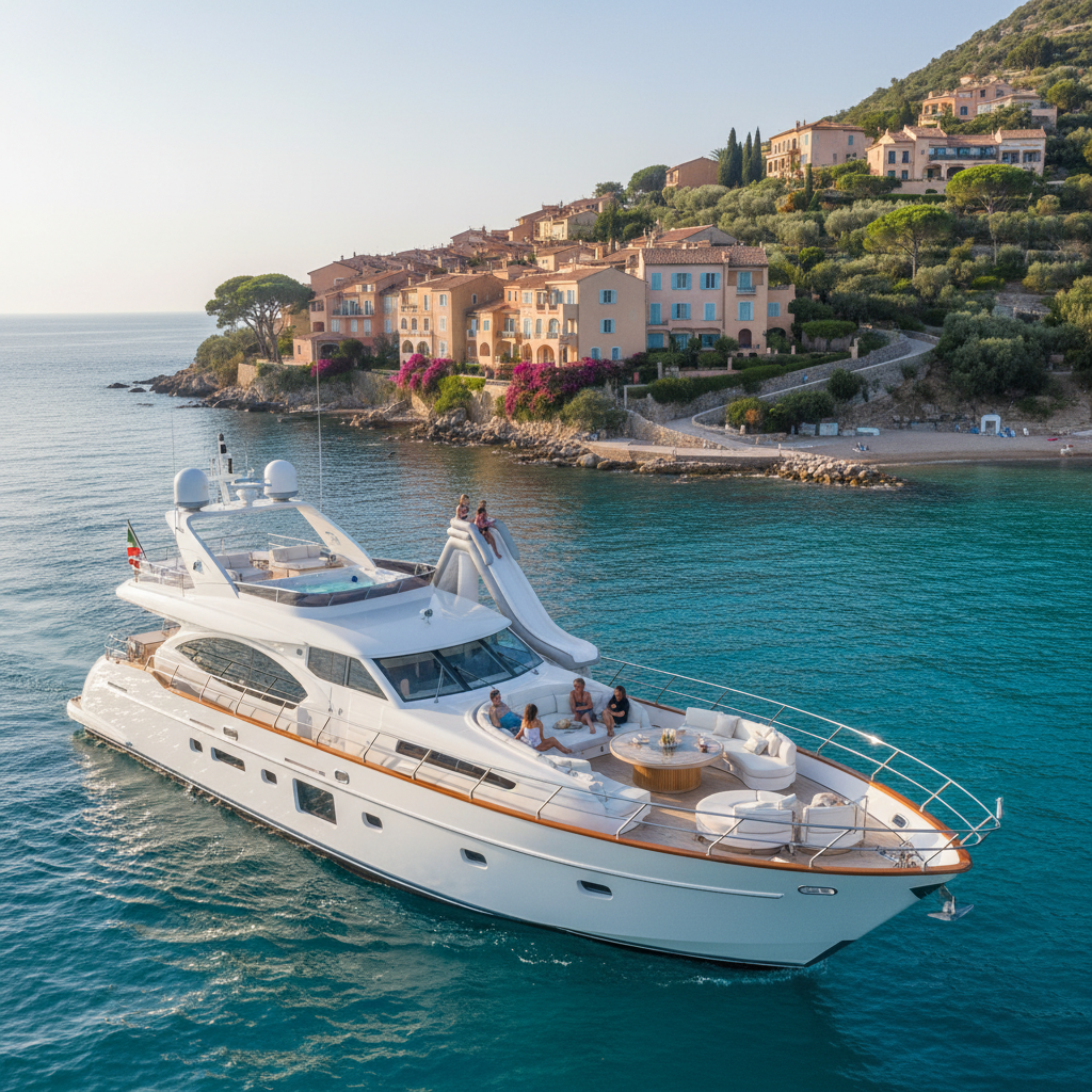 Family enjoying a yacht charter in France with the beautiful coastline in the background.