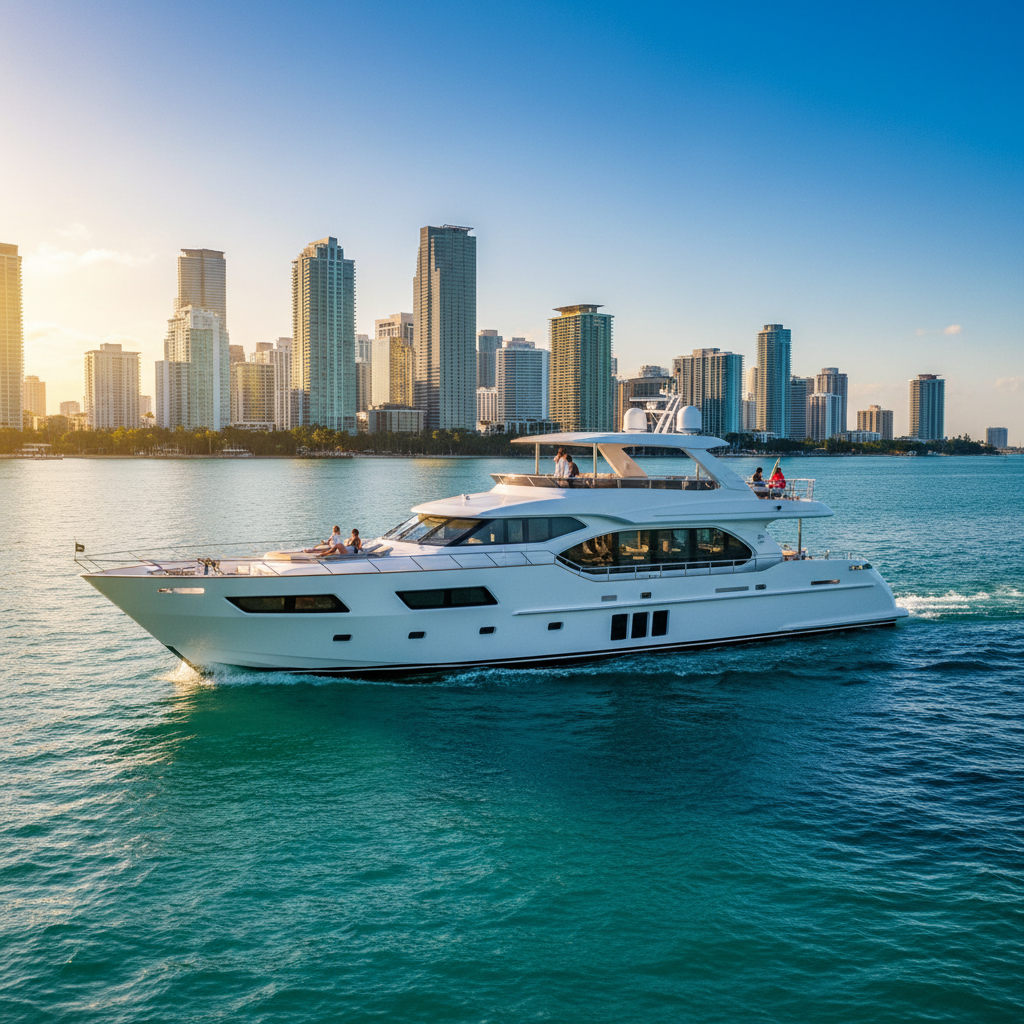 Luxurious yacht docked in Miami, illustrating how to charter for larger groups.