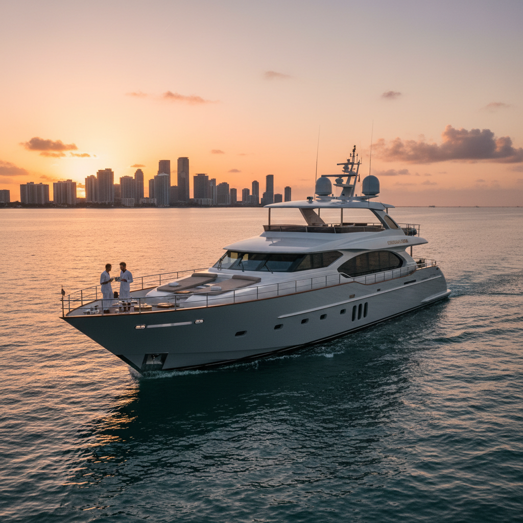 Luxury yacht docked in Miami with crystal clear water, perfect for a holiday vacation.