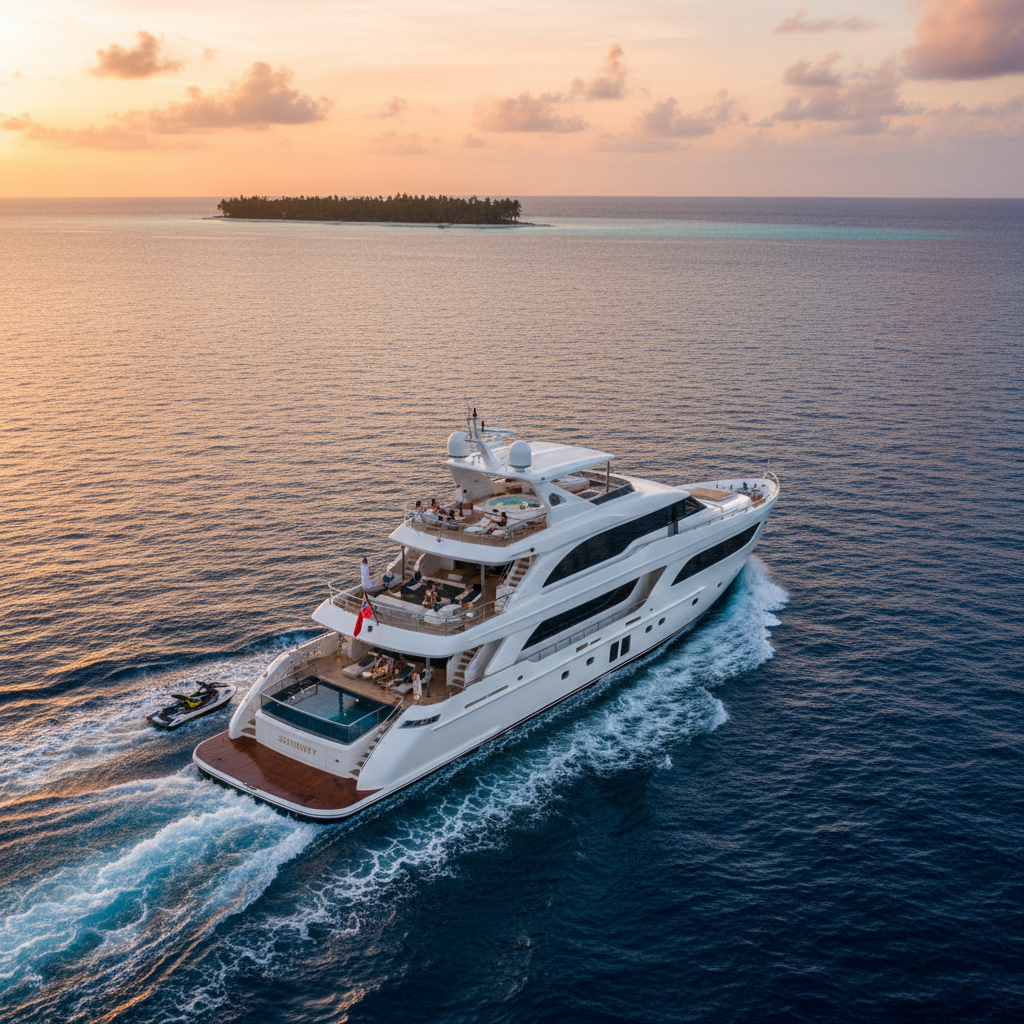 Luxury yacht docked, showcasing flexible charter durations from short trips to weeklong adventures.