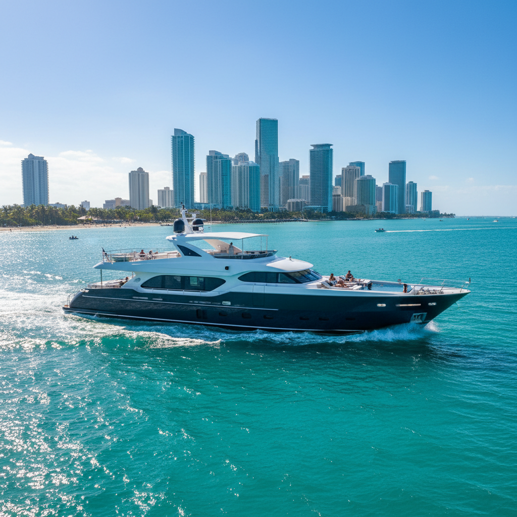 Luxury yacht charter in Miami with stunning coastline view and clear blue waters