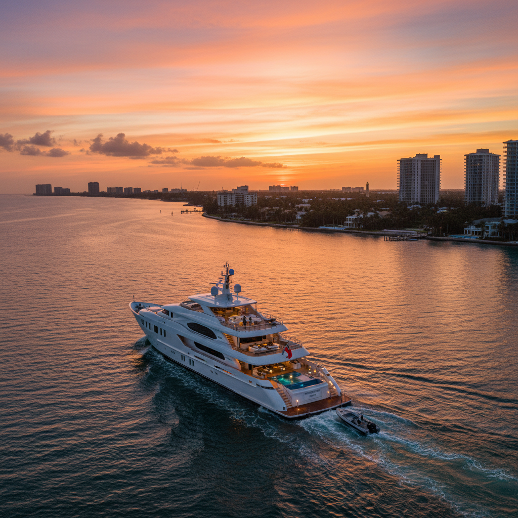 Luxury yacht charter in South Florida during the winter with beautiful blue waters and sunshine