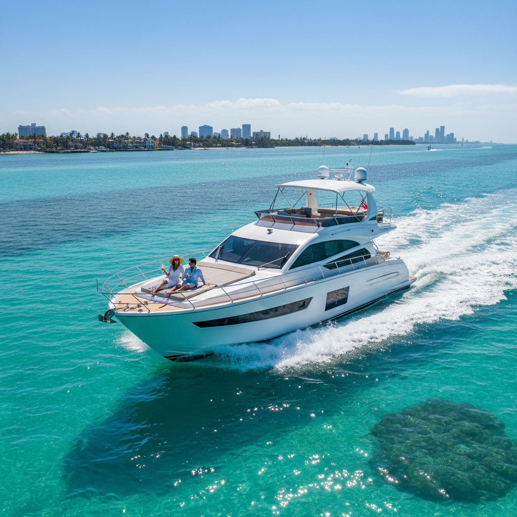 Affordable 38' Monterey yacht charter docked in Miami, South Florida with clear blue waters.
