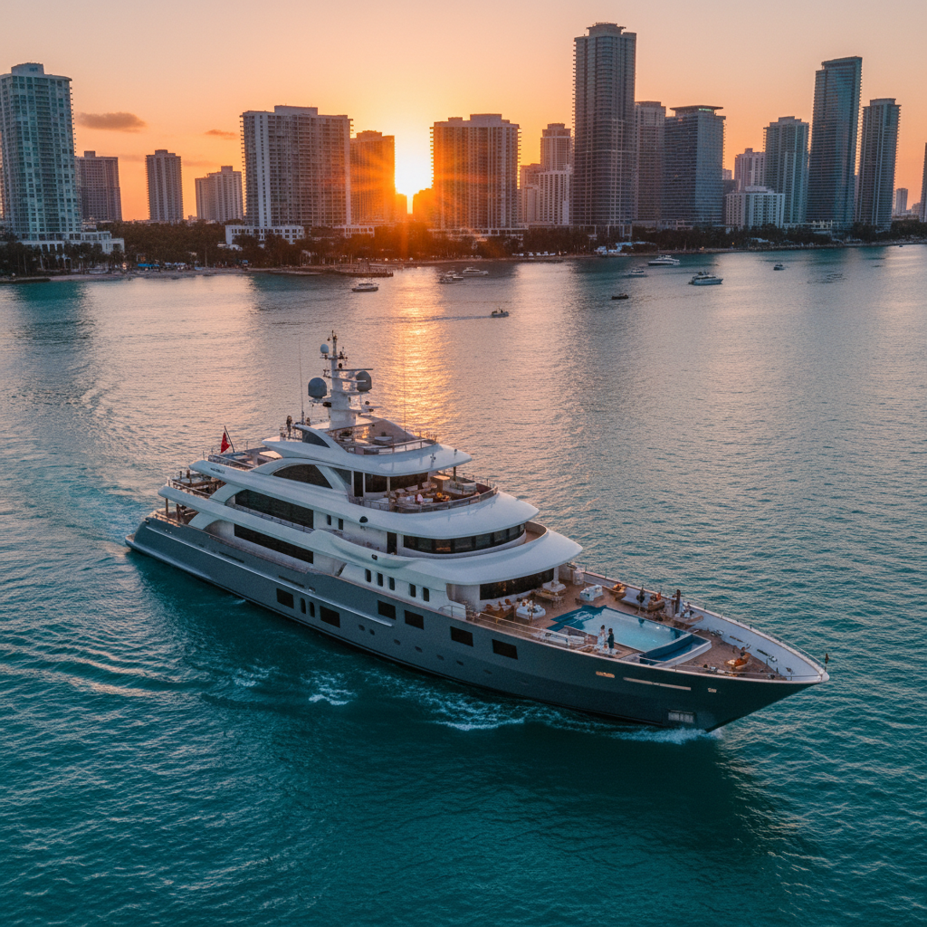Luxury yacht with water toys docked in Miami during a winter charter