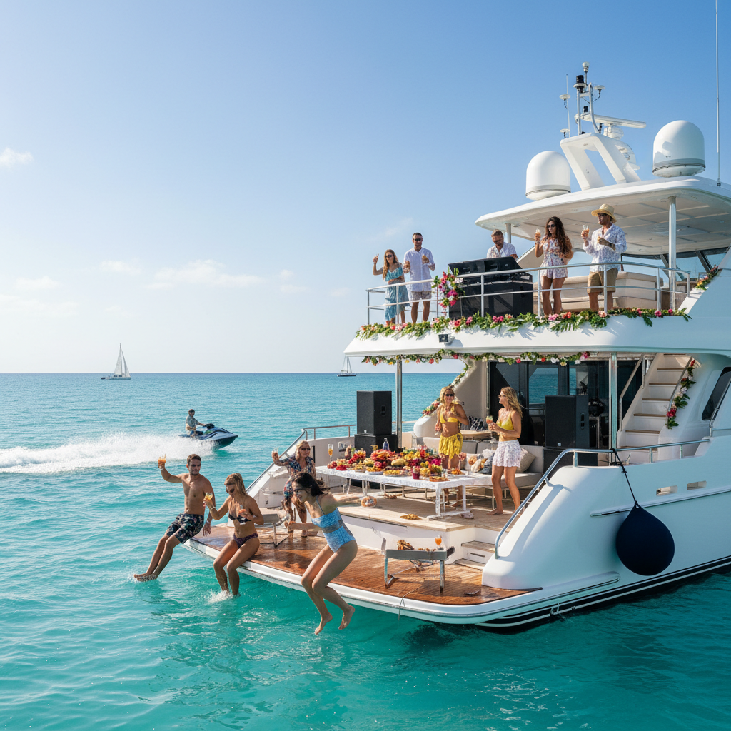 Guests enjoying a luxurious yacht party with stunning ocean views and elegant decorations.