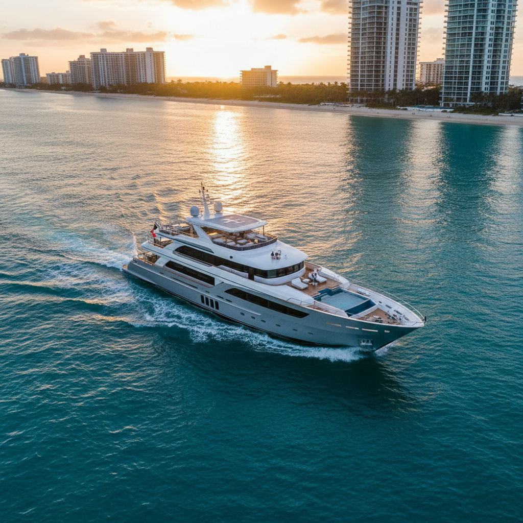 Luxury yacht charter docked in sunny South Florida waters with guests enjoying the deck