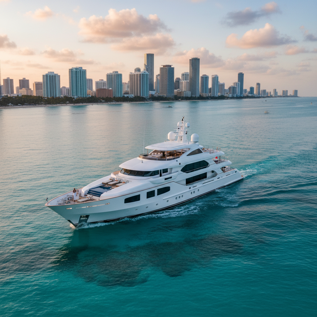 Luxurious yacht sailing from Miami to the scenic Florida Keys on a beautiful sunny day.