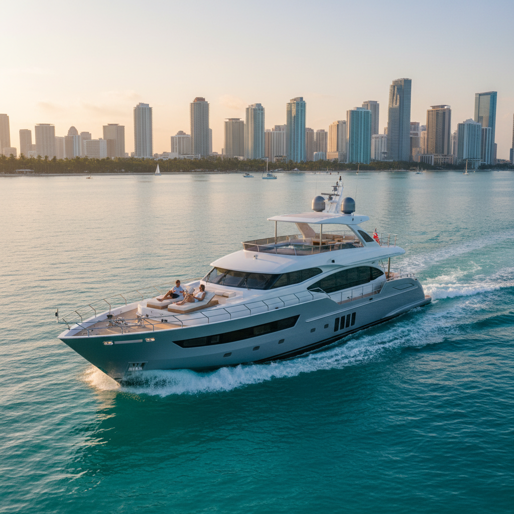 Luxurious 70' Sunseeker yacht docked in Miami with clear turquoise waters
