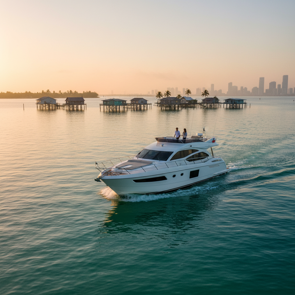 Luxury yacht cruising in Biscayne Bay with Miami skyline in the background, Biscayne Bay yacht charter