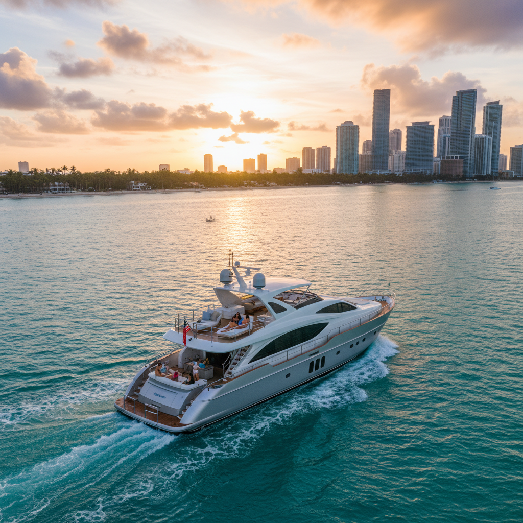 Luxury yacht sailing Biscayne Bay during a 3-day Miami yacht charter adventure.