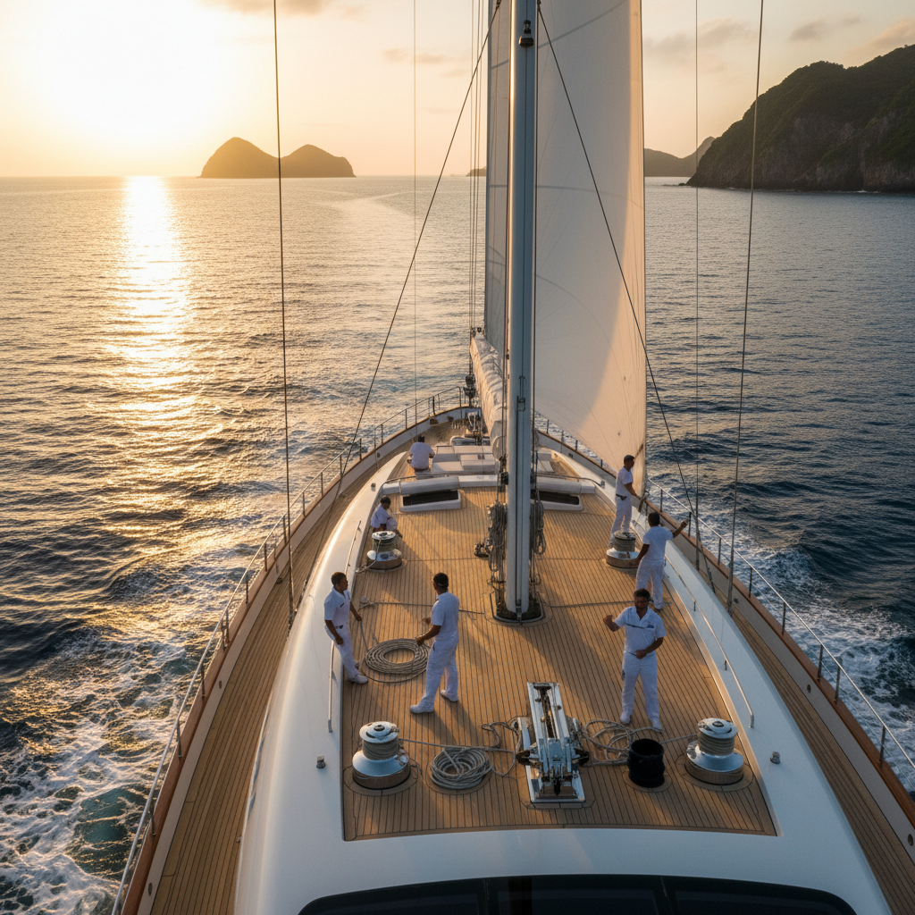 Luxurious yacht crew smiling and interacting with guests on a charter.