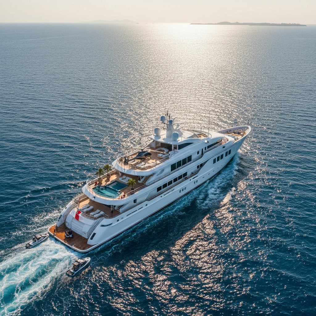 Luxurious superyacht cruising on a clear blue ocean during the day.
