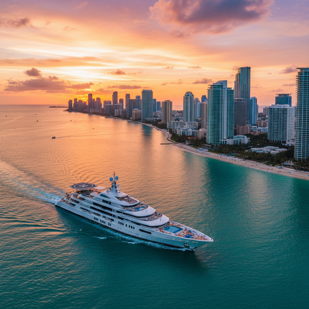 Luxury 100 ft yacht docked in Miami with professional crew ready for charter