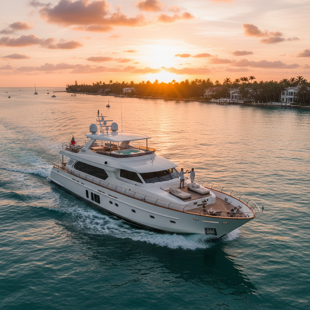 Luxury yacht sailing in South Florida during a holiday vacation with festive decorations.