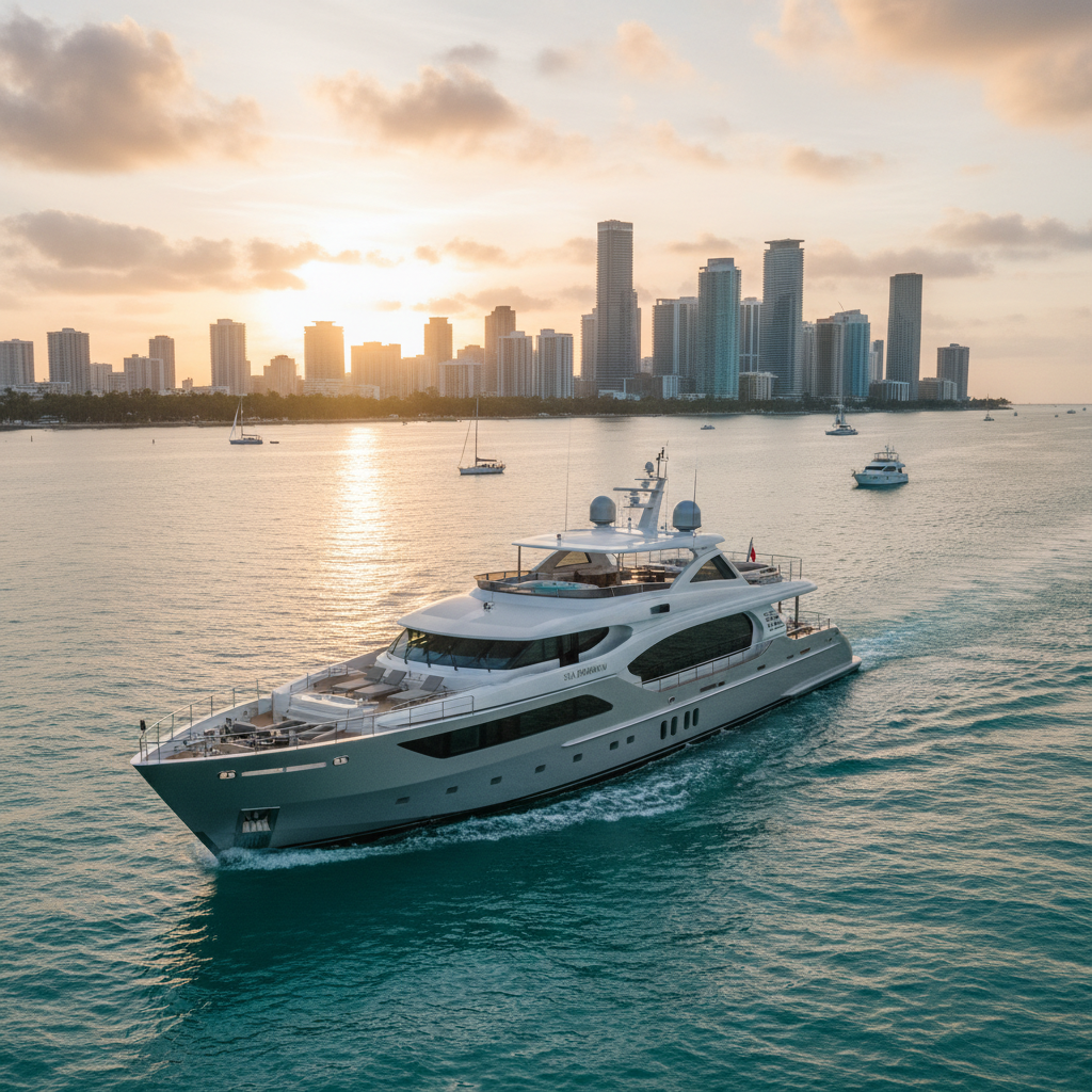 Luxury yacht charter in Miami with turquoise waters and vibrant city skyline in the background.