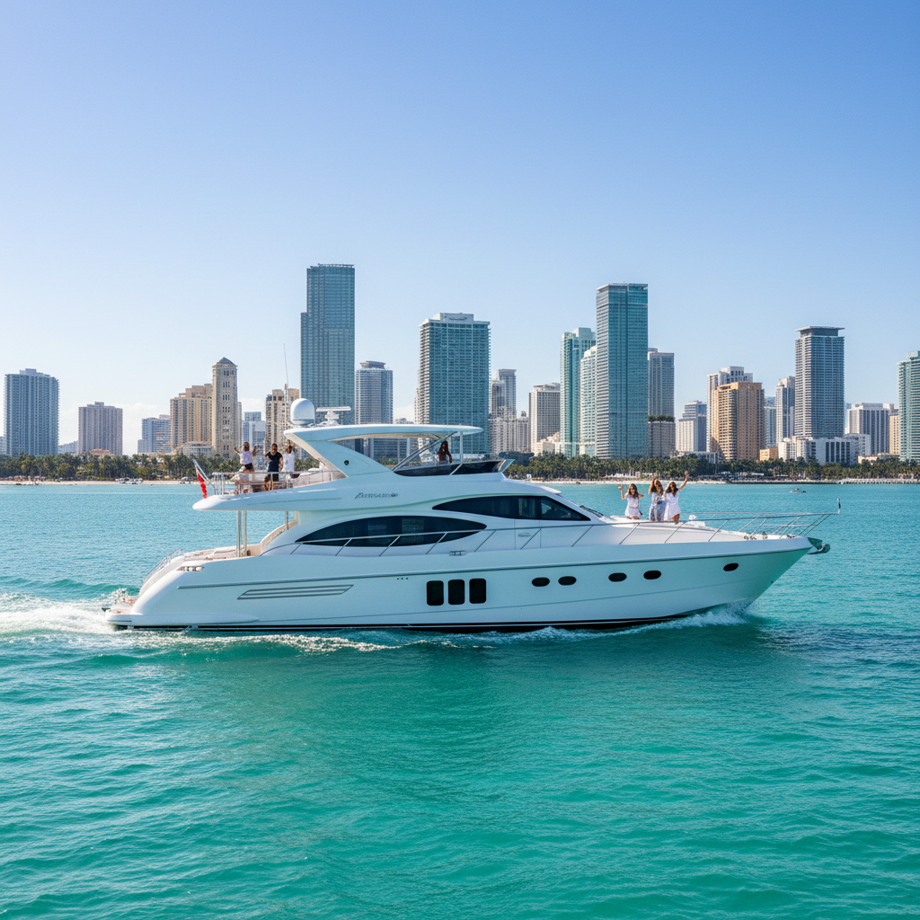 Luxury private yacht charter in Miami with a professional captain and guests enjoying the water