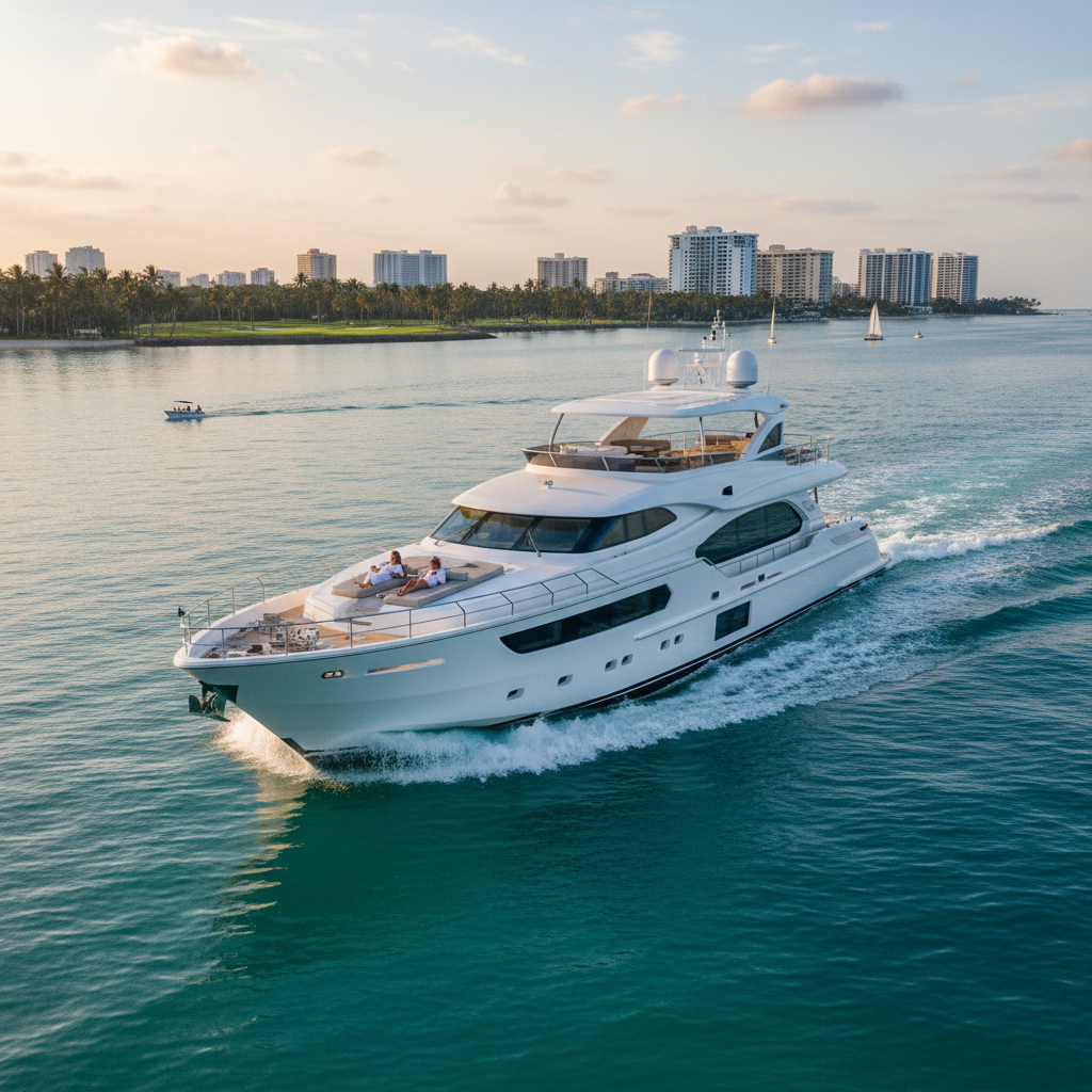 Luxurious yacht anchored near Worth Avenue, West Palm Beach, perfect for charter vacations