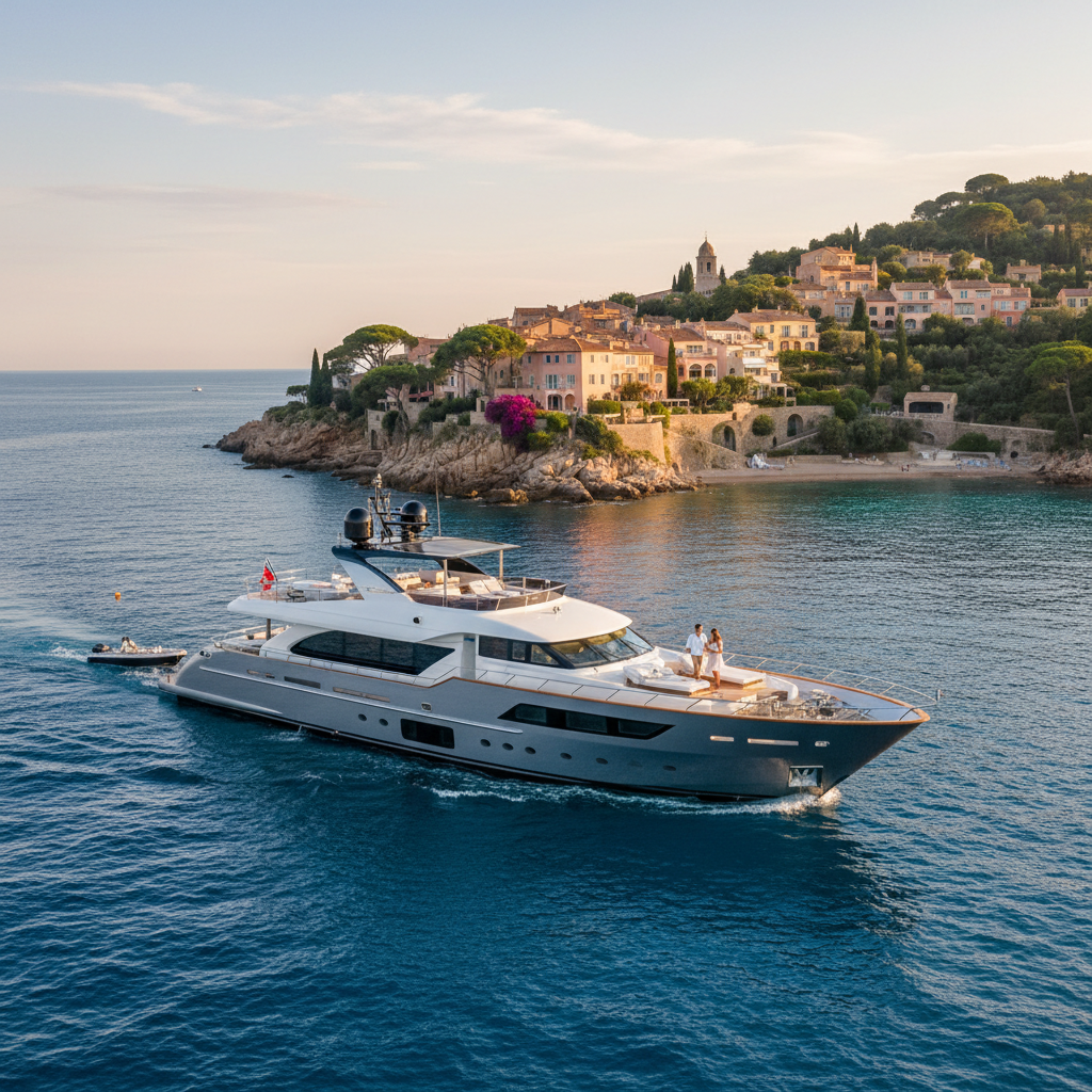 Stunning view of yachts anchored in a picturesque French coastal destination with cliffs and blue waters.