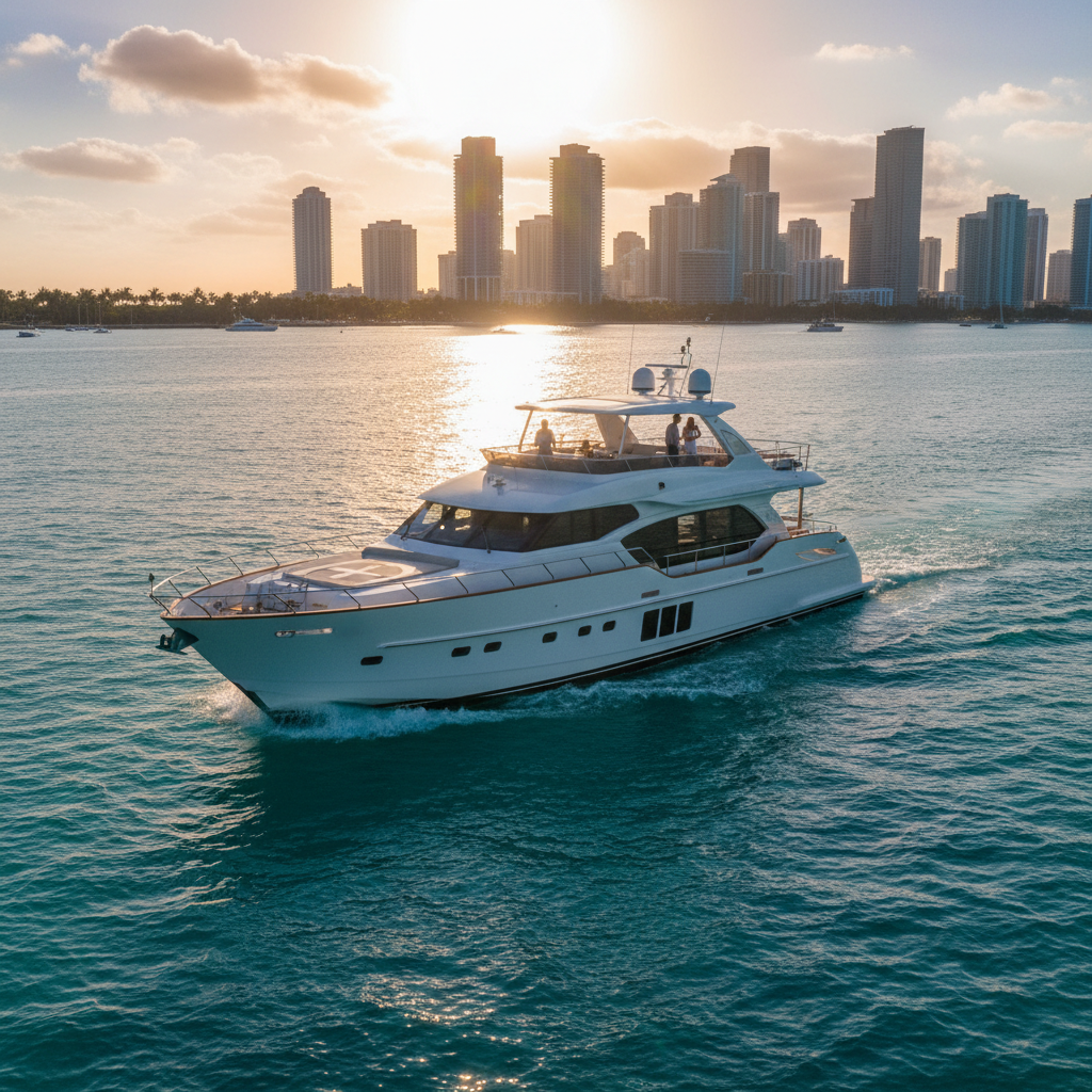 Luxurious yacht in Miami harbor ready for a holiday charter vacation escape.