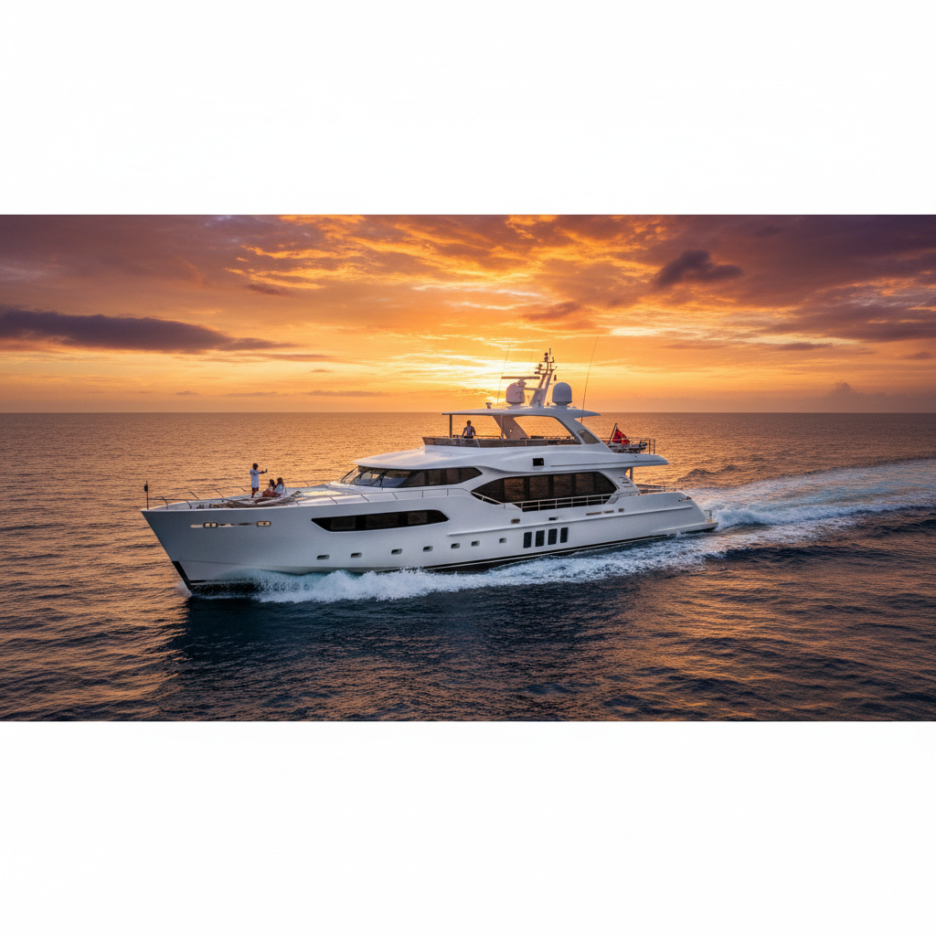 Luxurious yacht docked at a scenic destination, ready for charter adventure