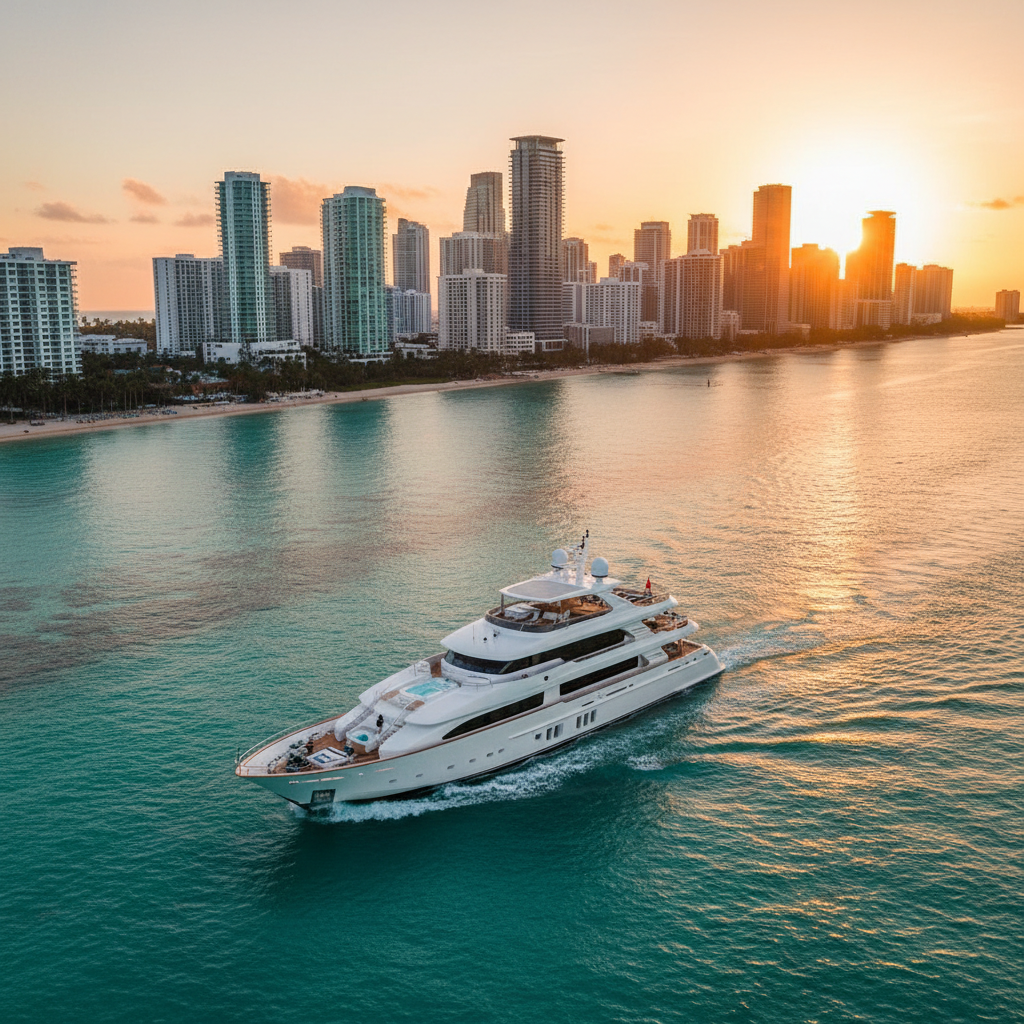 Luxurious yacht docked with Miami skyline in the background during the Miami International Boat Show.