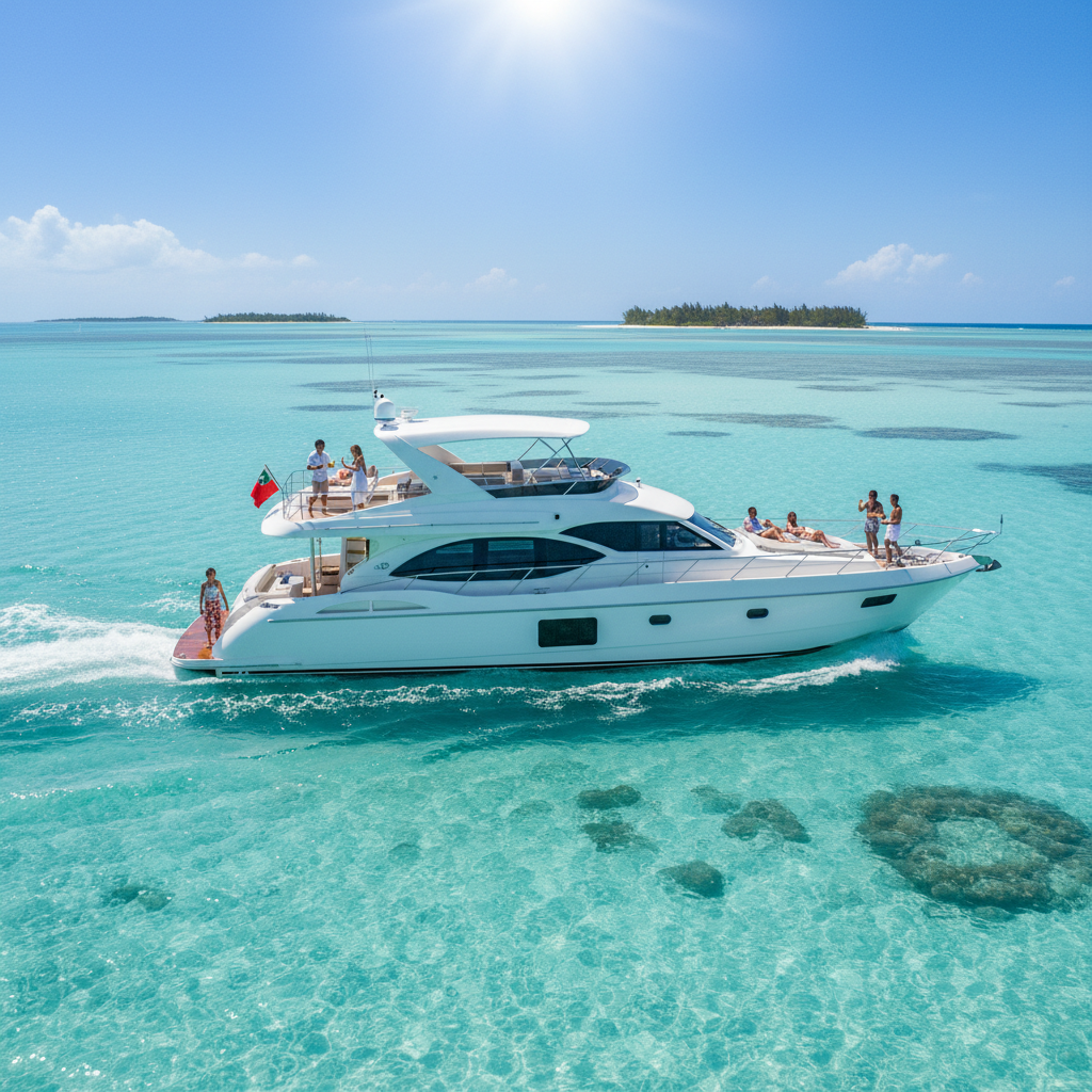 Luxurious 200-foot yacht docked in the clear blue waters of the Bahamas with tropical islands in the background.