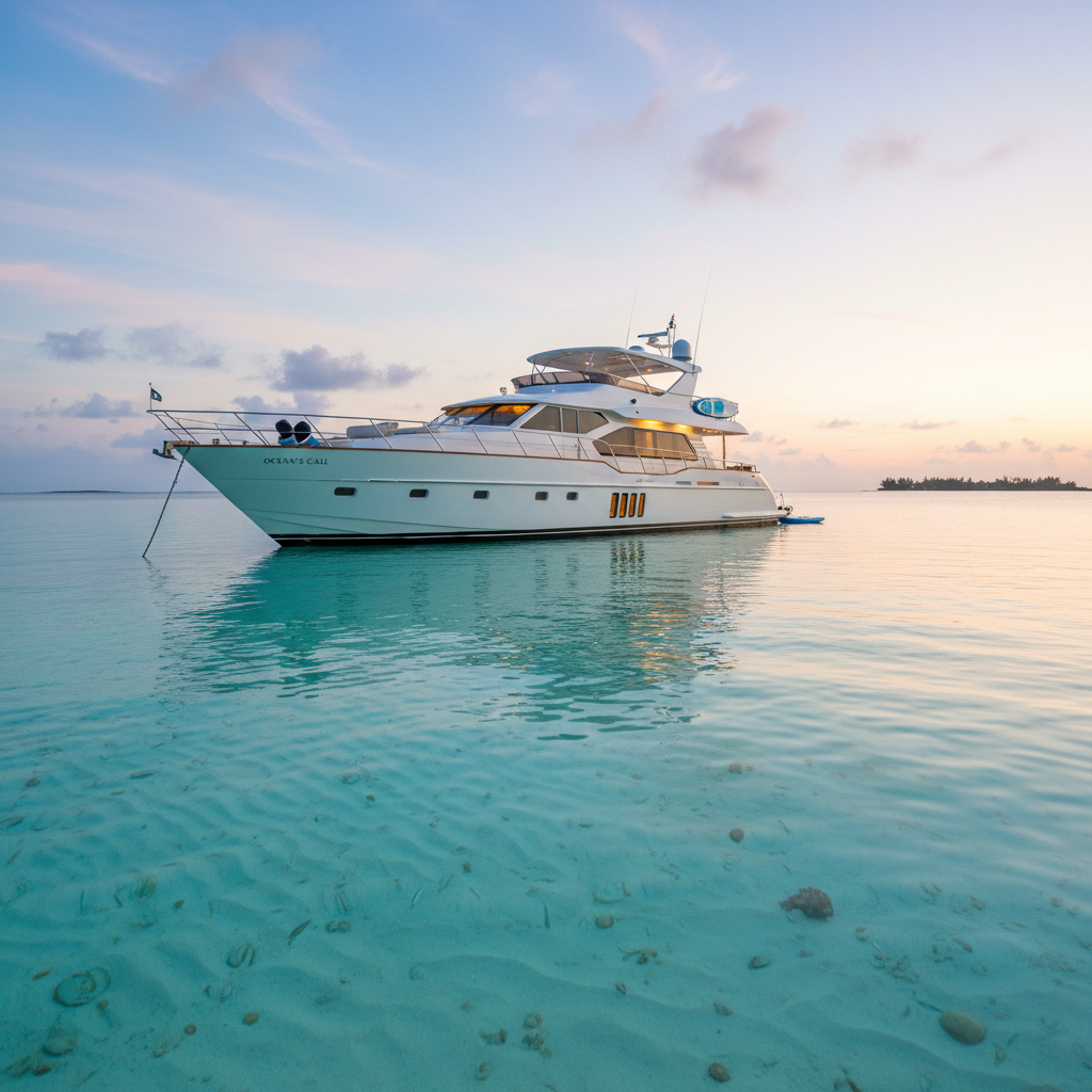 Luxury yacht charter in the Bahamas with crystal clear blue waters and a beautiful island in the background