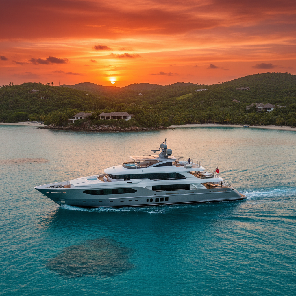 Luxury 200-foot yacht charter sailing in the Caribbean sea with crystal clear water.