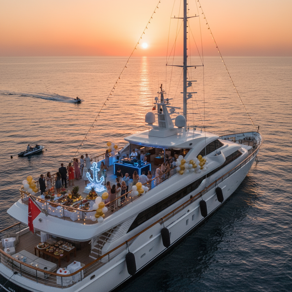Luxurious yacht in Miami for a birthday party celebration with friends and family.