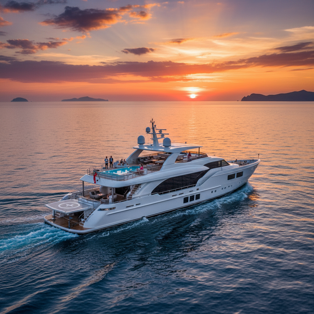 Couple enjoying a private yacht charter with stylish, comfortable attire and sunset views.