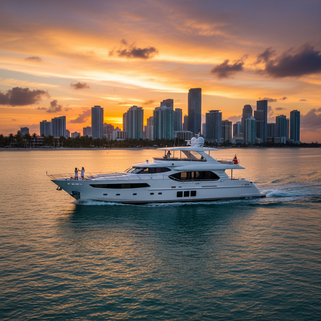 Luxury 76' Riva III yacht sailing in Miami, offering a beautiful day trip experience.