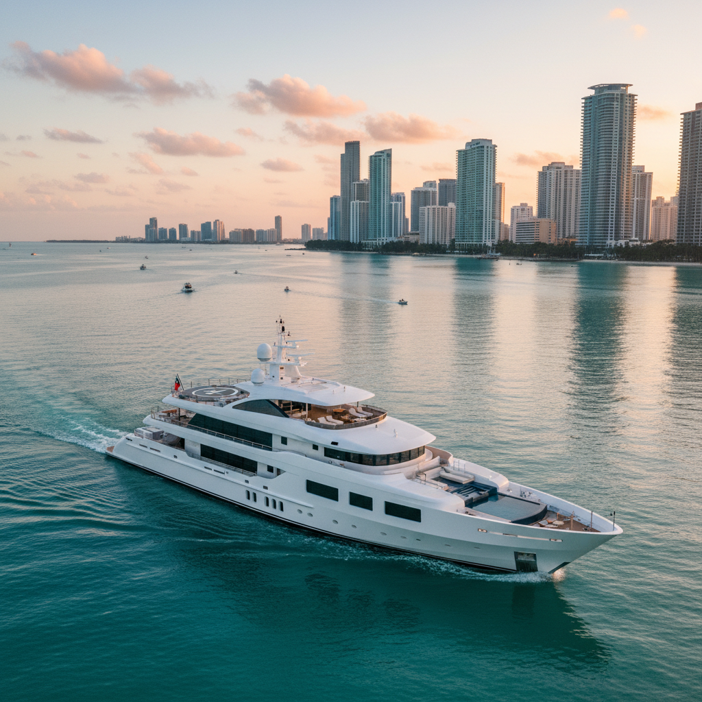 Luxury yacht docked in Miami for a 25-guest charter event.
