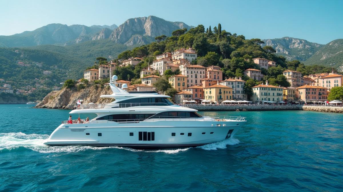 Luxury crewed yacht charter navigating the stunning coastline of the French Riviera near Saint-Tropez.