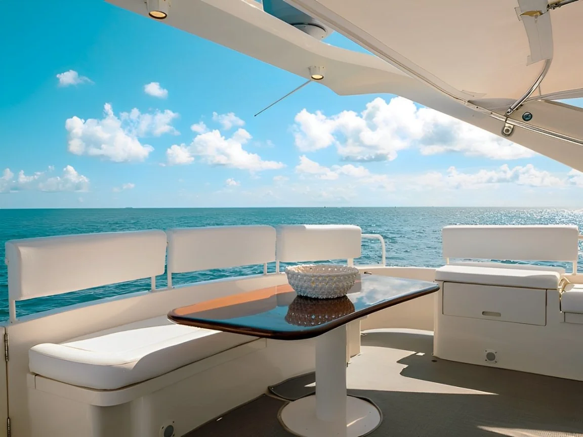 Aft deck of the yacht with dining table and chairs